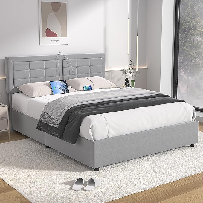VECELO Queen Size Bed Frame with 4 Storage Drawers & Adjustable Headboard, Built-in Charging Station, Upholstered Bedframe with Wood Slats Support, Light Grey