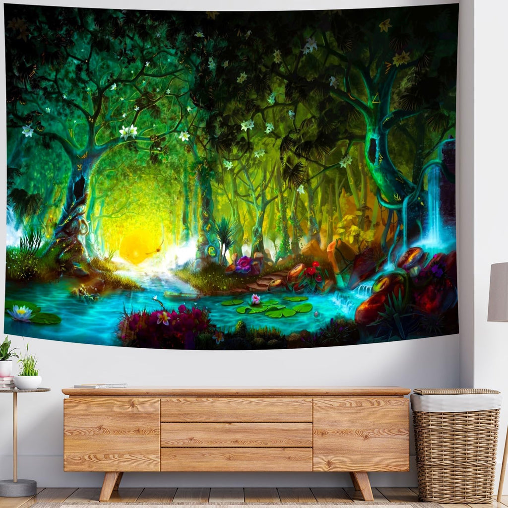 Delur Fantasy Forest Tapestry Mystical River Enchanted Magical Fairy Tale Tree Tapestry Sunrise Landscape Sunset Nature Psychedelic Wall Hanging Headboard for Bedroom Living Room Home Decor (59.1" x 78.7")