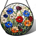 Stained Glass Suncatcher, Colorful Flowers Green Leaf Sun Catcher Landscape Stain Glass Window Hanging Decoration Mother's Day Birthday Gifts for Women Men Mom Nana 7.8 in
