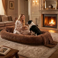 Human Dog Bed, Oversized Plush Lounger Bed with Plump Pillow and Blanket | 71" x 45" x 12" Long Plush Polyester Floor Nest for Relaxing, Napping, Reading, and Family Cuddle Time - Dark Brown