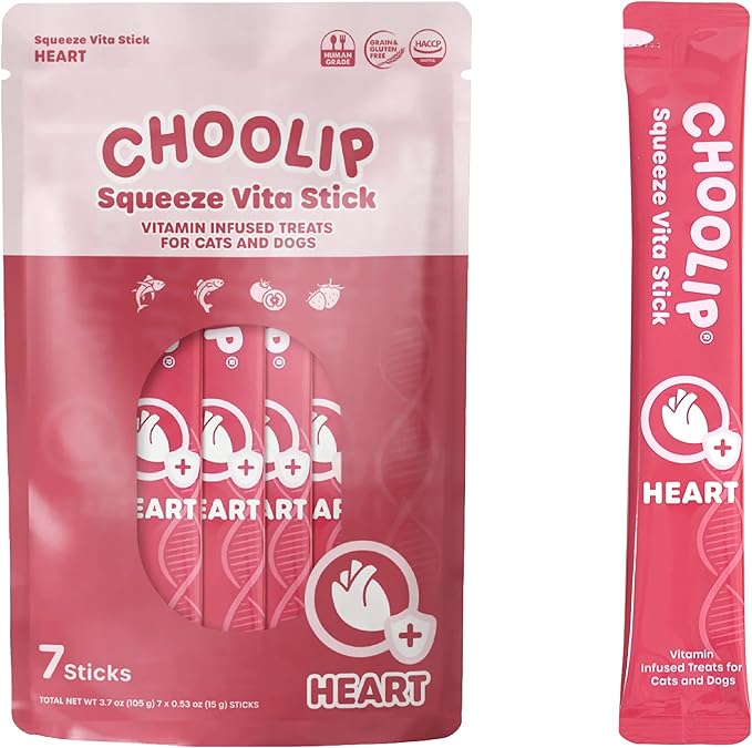 Choolip Squeeze Vita Stick Lickable Cat and Dog Treats – 7-Count Heart Support Sticks with Multivitamins, Soft Squeezable Paste for All Life Stages, Supporting Heart Health