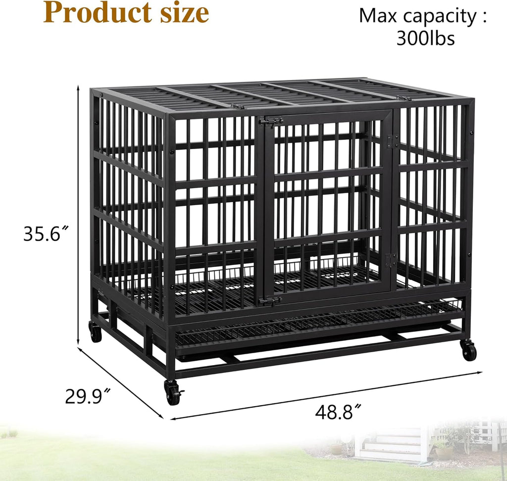 JY QAQA 48/38 Inch Heavy Duty Indestructible Dog Crate Double Doors Escape Proof Cage Kennel,Enhanced Metal Pet Cage,Extra Large Crate Indoor for Large Dog with Removable Tray and Lockable Wheels