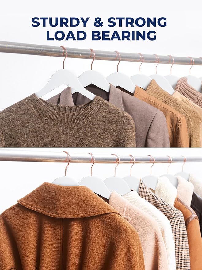 Smartor White Wooden Hangers 20 Pack, Solid Wood Coat Hanger for Closet, Heavy Duty Wood Hangers for Suits, Shirts, Dresses, with 360° Rose Gold Hook, Non Slip Pant Bar