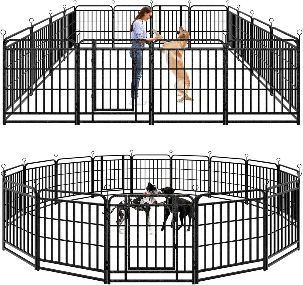 Dog Playpen Outdoor 16 Panels Heavy Duty Dog Fence 32" Height with Thick Pipe Anti-Rust with Doors Portable for RV Camping Yard, Total 36FT, 103 Sq.ft, Snowy Black