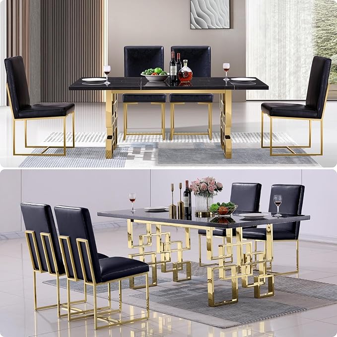 AUZ Black and Gold Faux Leather Dining Chairs Set of 6, Mid-Century Modern Luxury Upholstered Kitchen Room Chairs with Polished Stainless Steel Sled Legs