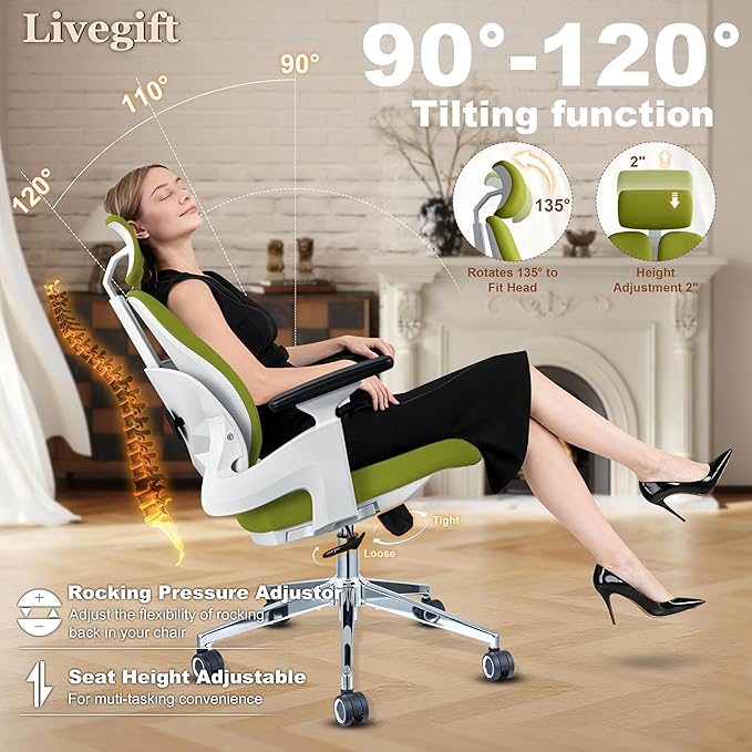 Big and Tall Office Chair 500lbs, Extra Wide 20" Seat and Reinforced Frame, Dual-backrest Ergonomic Desk Chair with Headrest and Flip-Up Arms, High Back Task Chair for Back Pain-Green