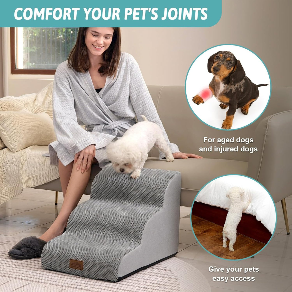 Dog Stairs for Small Dogs 15.7" H, Curved Dog Step for Puppy, Older Cat, Medium Pet Ramp for Sofa, Couch or Bed, Ladder with High Density Foam, 15.7x22.4x15.7 inch, 3 Step, Grey