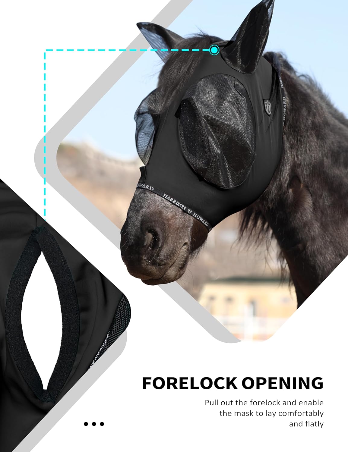 Harrison Howard Horse Fly Mask with Forelock Opening Stretch Breathable and Comfortable for Horses UV -Protection Black L