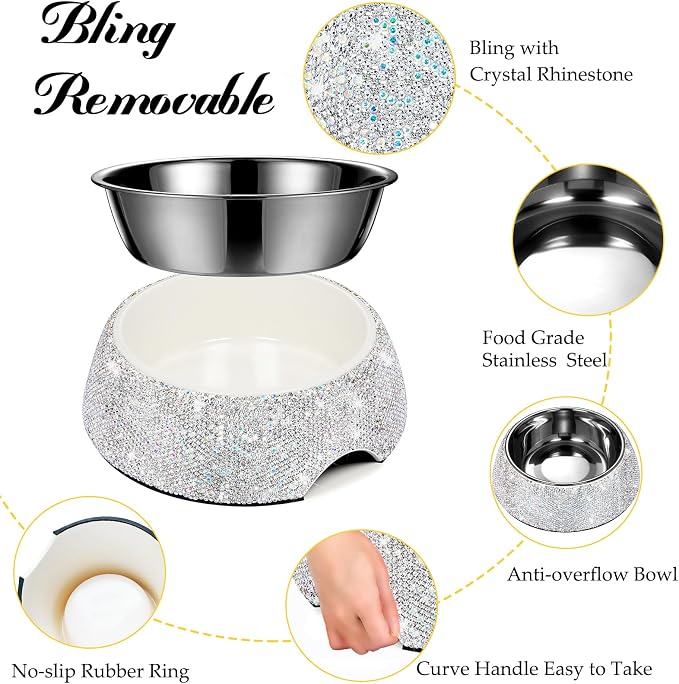 SlowVibes Bling Stainless Steel Dog Cat Bowl, Detachable, 12 oz | Rhinestone metal food or water bowl for small medium dogs and cats, rust-resistant non-slip puppy dish, sparkle pet essential