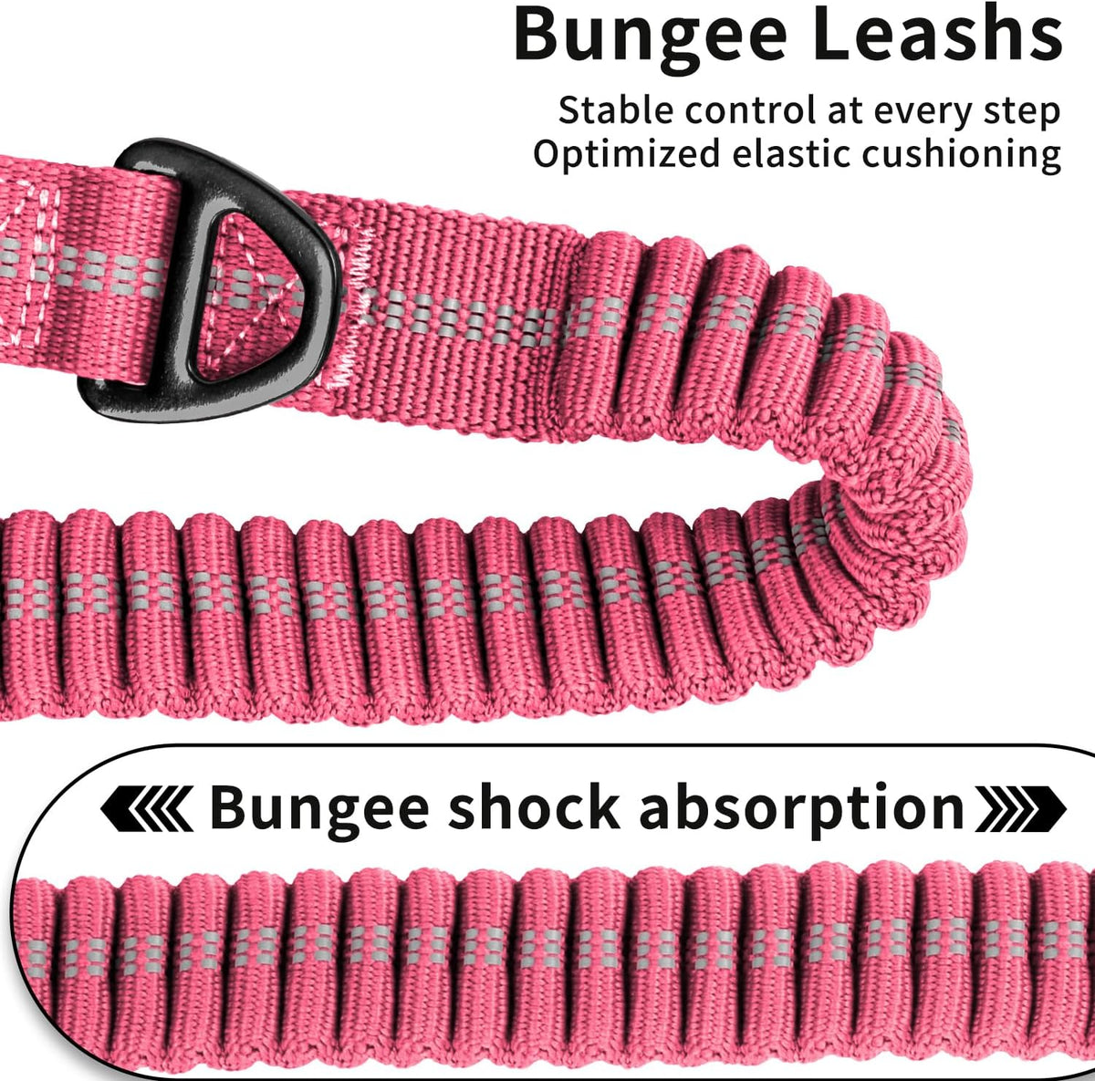 Heavy Duty Tactical Bungee Dog Leashes, 4-6FT Shock Absorbing Tactical Dog Leash with 2 Padded Handles, Metal Carabiner Clip,Car Seatbelt, Reflective Dog Leash for Medium Large Dogs (Pink)