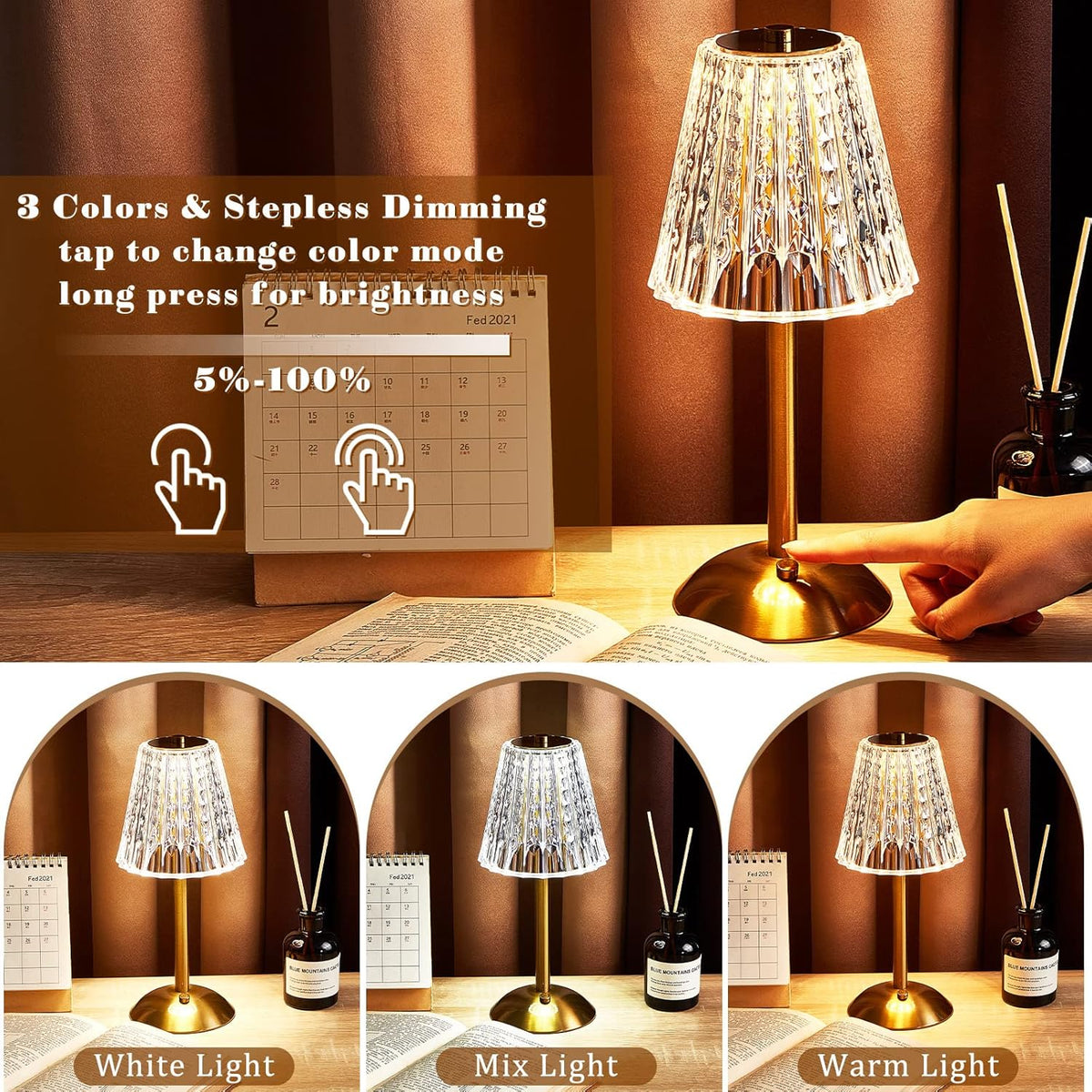 Liliful 1 Pcs LED Portable Cordless Table Lamp Touch Battery Operated Rechargeable Desk Lamp 3 Color Dimmable for Bedroom Living Room Dining (Classic Style,Gold)