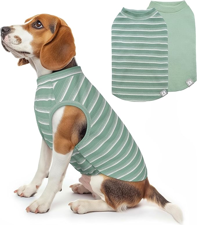 KYEESE 2Pack Waffle Dog Shirts Stretchy Dog T-Shirts Lightweight Dogs Tank Top Sleeveless Striped Dogs Shirt Vest Breathable, XX-Large, Green+Striped