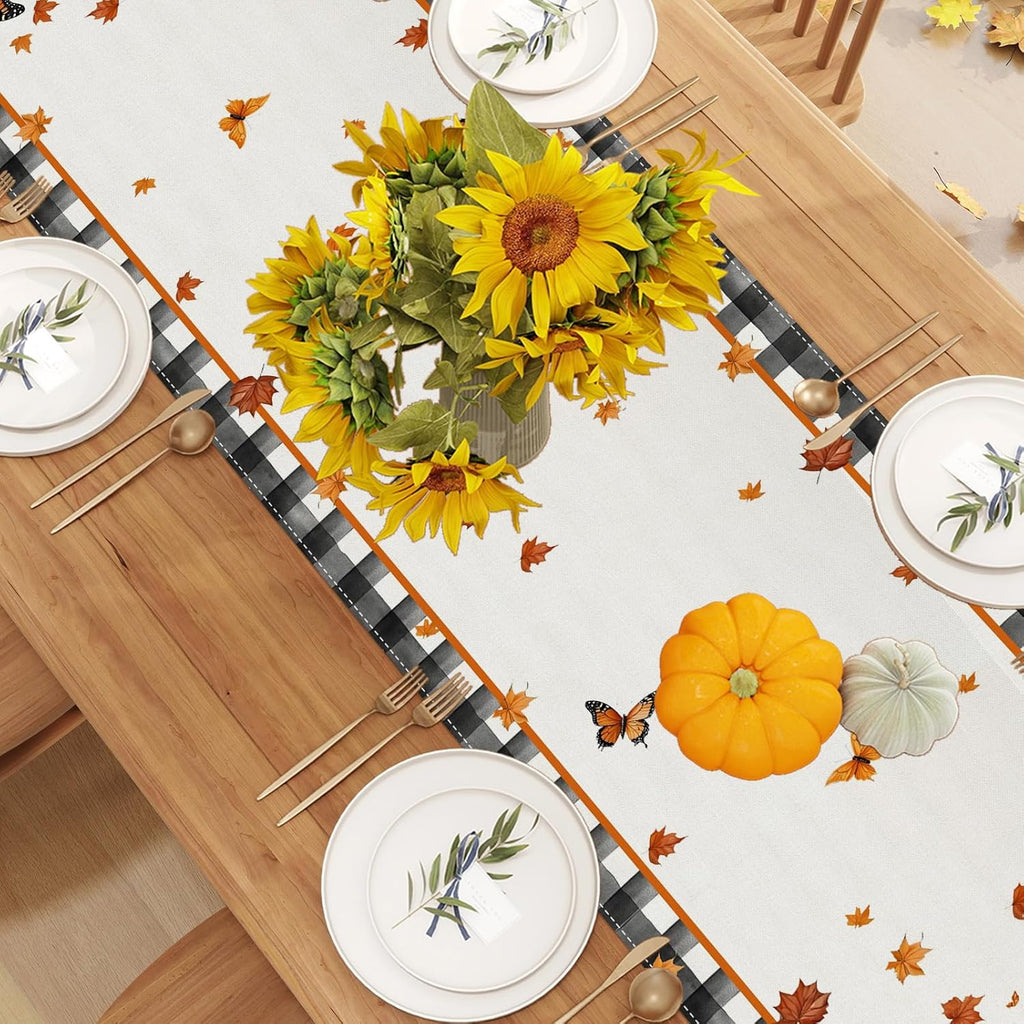 Linen Black and White Buffalo Check Plaid Fall Table Runner 60 Inches Long, Fall Leaves Pumpkin Butterfly Home Kitchen Table Decor, Farmhouse Autumn Thanksgiving Harvest Festival Decorations for Home