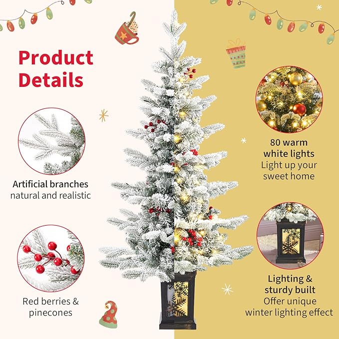 Small Pre-Lit Christmas Tree with LED Lights - 3.5FT Snow Flocked Ariticifial Tree with Vintage Snowflake Base, Battery Operated & Auto Timer for Home Office Xmas Decor