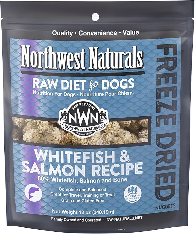 Northwest Naturals Freeze-Dried Whitefish & Salmon Dog Food - Bite-Sized Nuggets - Grain-Free, High-Protein, Raw Diet, Human-Grade Ingredients, All Natural, Omega-3 for Skin & Coat, Made in USA, 12 Oz