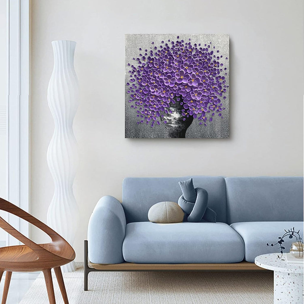 24x24 Hand-Painted Purple Flowers 3D Abstract Decorative Paintings, Wall Decorative Frame Wall Art, Modern Art Living Room Bedroom Office Hotel and Restaurant Wall Art
