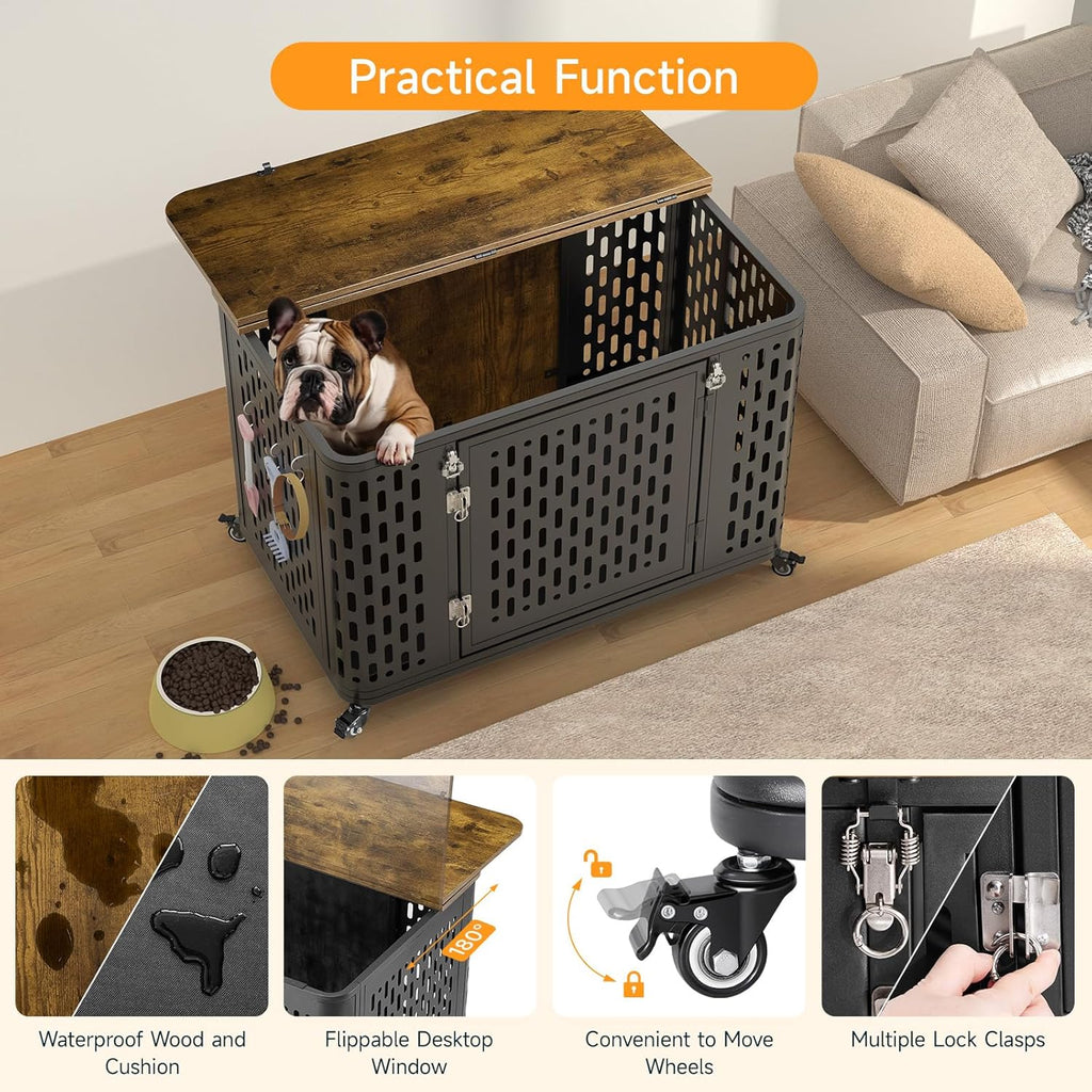 Dog Crate with Cushion, 38" Wood Heavy Duty Dog Crate Furniture with Flip Top & Wheels for High Anxiety Dogs, Escape Proof Pet Cage for Small/Medium Dogs
