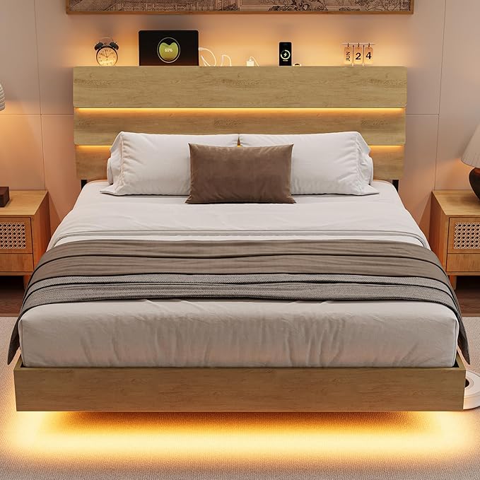Floating Bed Frame Full Size with Charging Station & Led, Metal Platform Bed Base with Storage Headboard, Heavy Slats Support, No Box Spring Needed, Noise Free, Remote Control, Oak