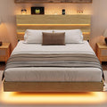 Floating Bed Frame Full Size with Charging Station & Led, Metal Platform Bed Base with Storage Headboard, Heavy Slats Support, No Box Spring Needed, Noise Free, Remote Control, Oak