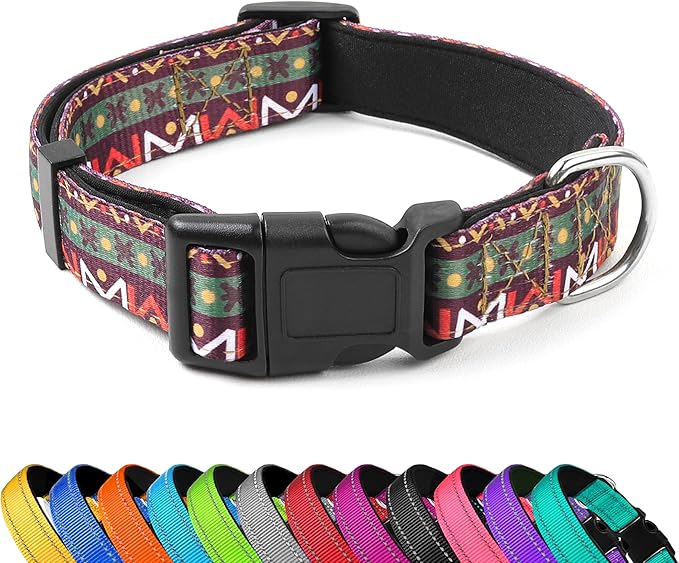 Reflective Dog Collar, Adjustable Soft Neoprene Padded Nylon Pet Collars with Buckle for Puppy and Small Dogs, Cats, Retro Geometric Flowers,XL