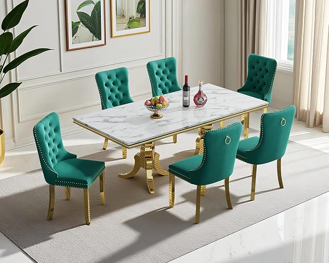 Goujxcy Faux Marble Dining Table Set for 6, Modern 7-Piece Dining Table Set with 6 Velvet Upholstered Chairs, 70" Large Long Faux Marble Kitchen Dining Room Table and Chairs with Stainless Steel Legs