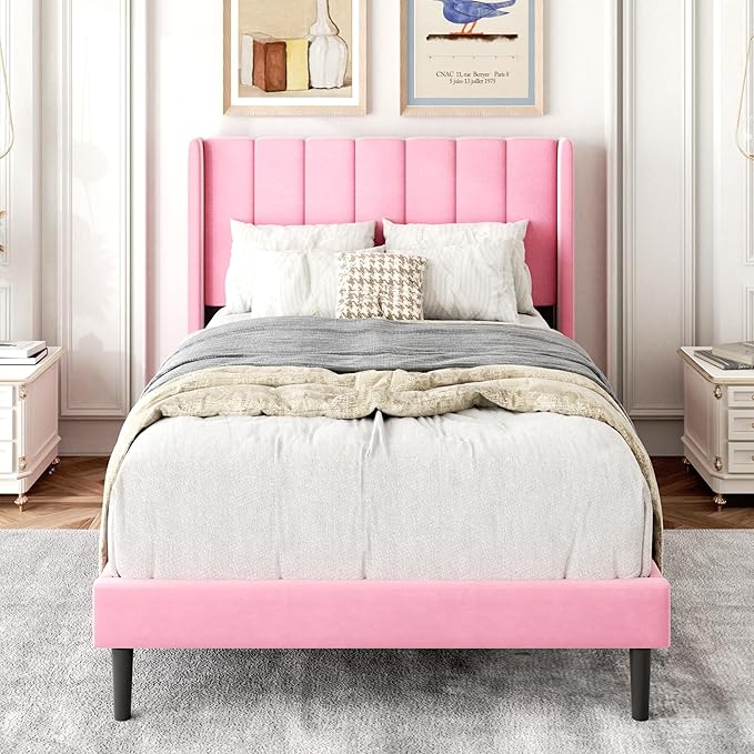 Twin Size Bed Frames with Wingback Headboard Easy Assemnly Platform Bedframe, Sturdy Wooden Slat Support No Box Spring Needed, Pink Velvet