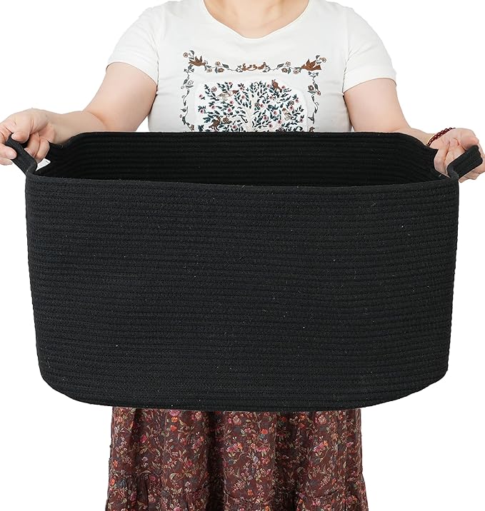 Large Rectangle Blankets Basket Living Room 22"x17"x12" Woven Cotton Rope Storage Baskets for Nursery Toy Baskets for Kids and Dogs Wicker Laundry Basket Bin for Clothes Towels black