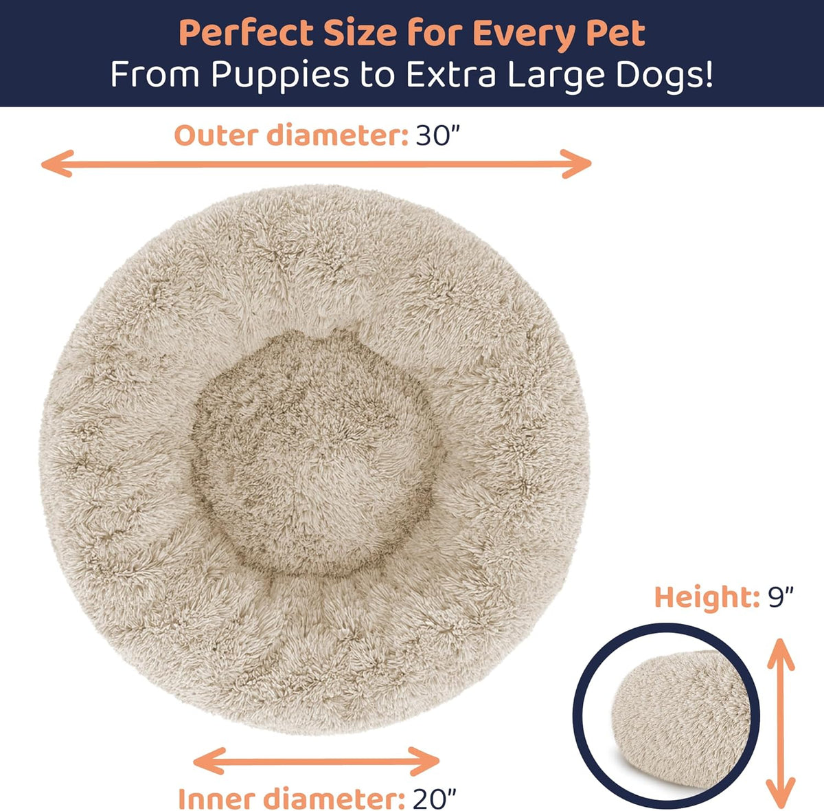 Donut Dog Bed - Premium Comfort for Anxiety Relief - Fluffy & Calming Design with Ultra-Plush Support | Cozy Round Dog Bed with Super Soft Circle Style (Size M Beige)