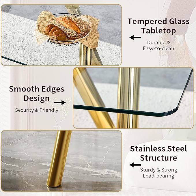 Modern Glass Dining Table for 6, 51.2" Rectangular Dining Table with Tempered Glass Top & Metal Legs, Gold Kitchen Table for Dinner Dining Room Living Room