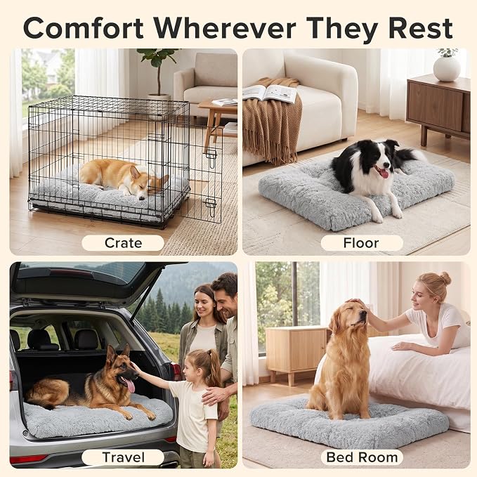 JOEJOY Large Dog Bed Crate Pad, Deluxe Plush Washable Dog Beds Fulffy Soft Kennel Pad Anti-Slip Pet Sleeping Mat for Extra Large Medium Small Dogs, 40" x 27", Grey