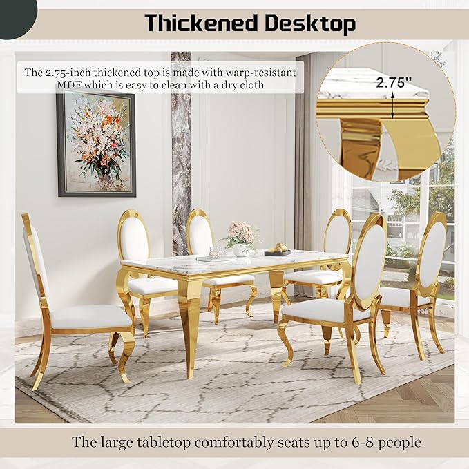 7-Piece Dining Table Set for 6, Faux Marble Modern Dining Table Set with 6 Big Oval Backrest Chairs, 70“ Stainless Steel Legs Table & Chair Set for Kitchen, Dining Room, White & Gold