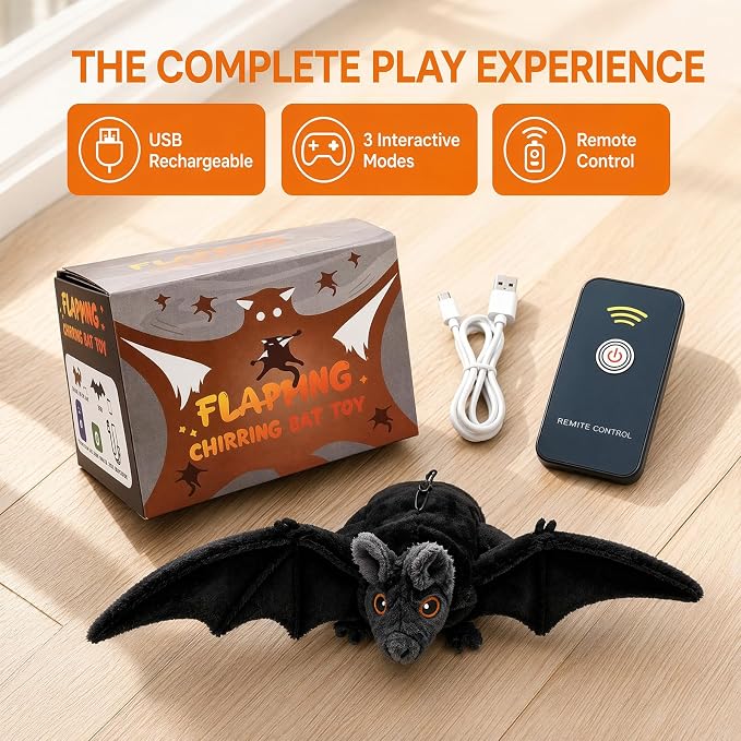 Interactive Flying Bat Dog Toy, Flapping Wings Cute Bat for Indoor Cats & Dogs, Automatic Flapping Wings with Chirping Sounds, Touch Activated, Rechargeable for Solo Play，Remote Control