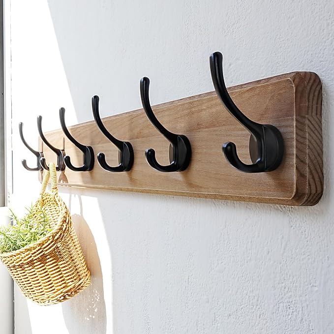 Dseap Coat Rack Wall Mount: 24" Long, Patented, Heavy-Duty, 6-Double-Hooks Wooden Hanger Hook Rail for Winter Coats Hat Jacket Clothing, Weathered Brown