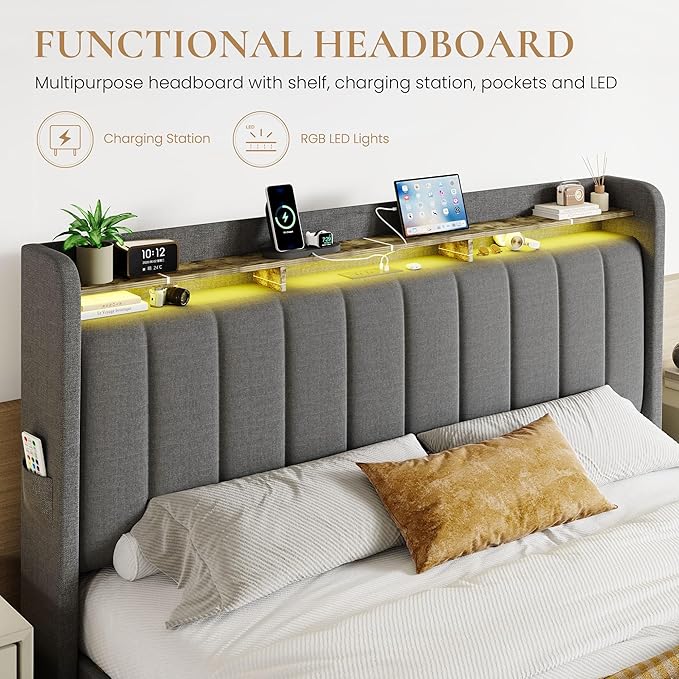 SHA CERLIN King Size Platform Bed Frame with Vertical Channel Tufted Wingback Headboard & 2 Storage Drawers/2-Tier Shelves with LED Lights & Charging Station/Noise-Free/No Box Spring Needed/Dark Grey