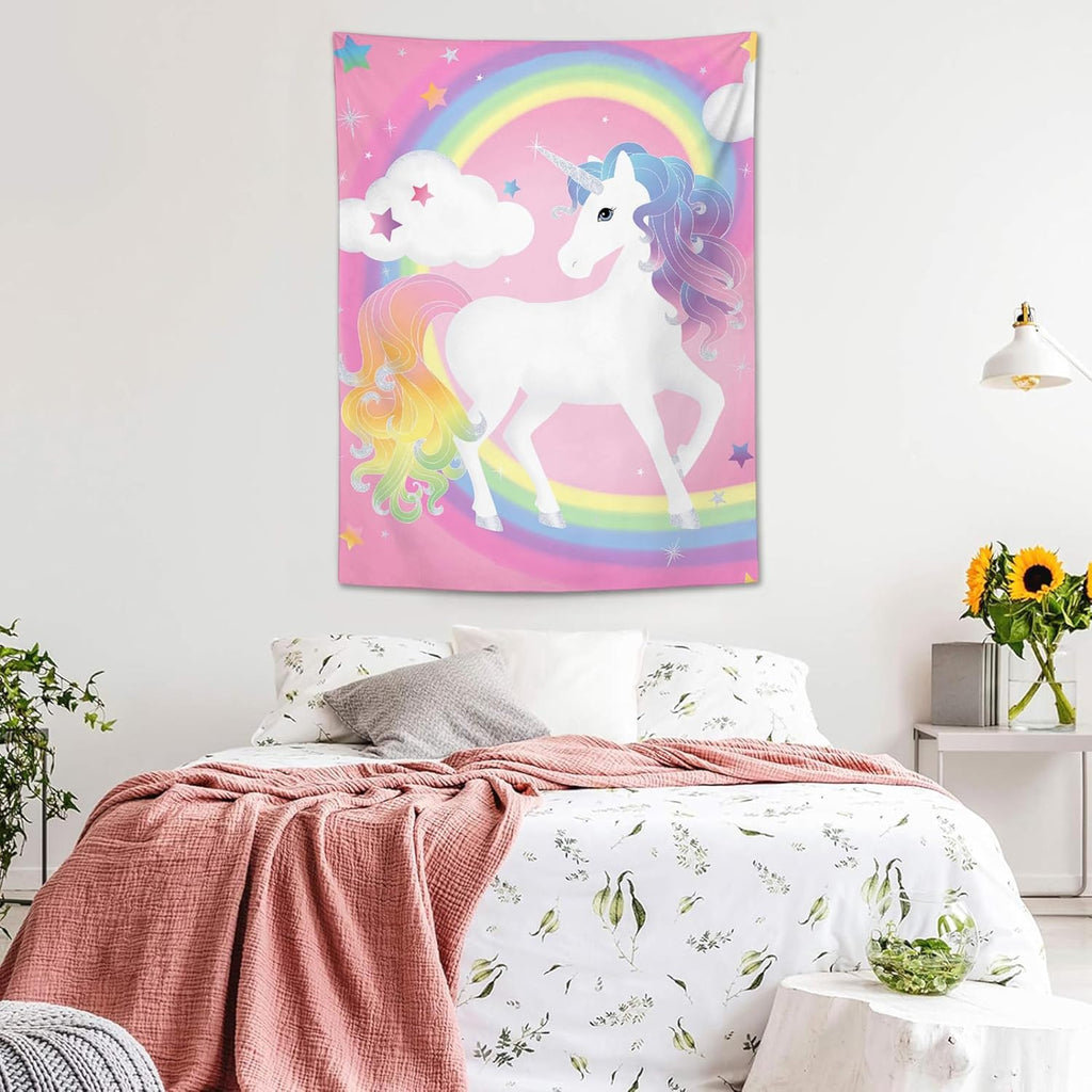 yowecso Unicorn Tapestry Rainbow Wall Hanging for Bedroom, Pink Unicorn Tapestries Aesthetic Wall Decor for Home, Dorm, Living Room - 60"x90"