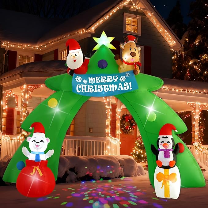 12FT Christmas Tree Arch Inflatable Decoration, Built-in LED Lights and Rotating Colored Lights, Suitable for Christmas Lawns, Gardens, Courtyards Outdoor Inflatable Decoration