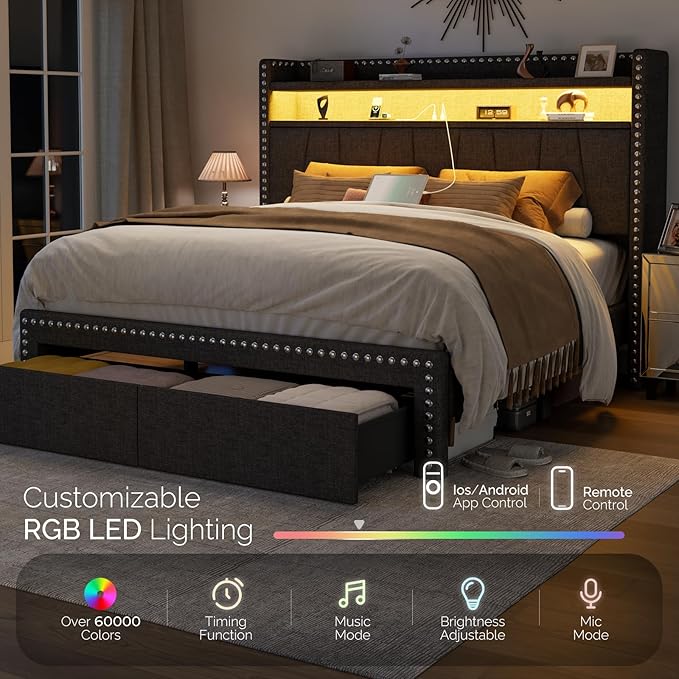 Full Size Bed Frame with Storage Headboard and Drawers Modern Rivets Upholstered Bed Frame with LED Charging Station Full Bedframe No Box Spring Needed