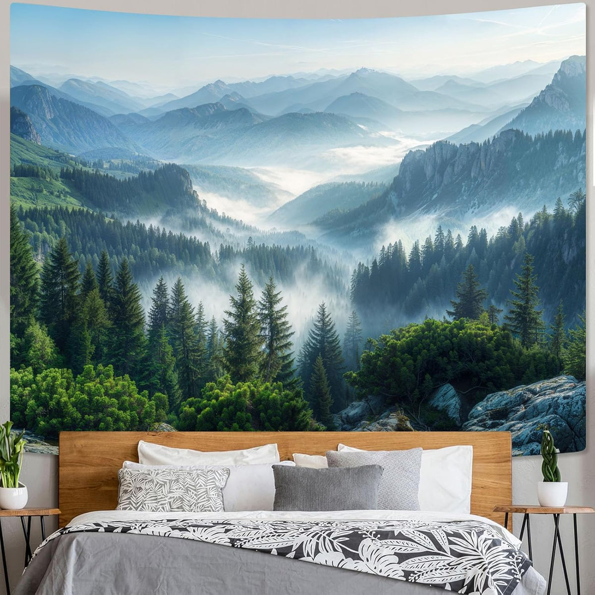 AMM Nature Forest Mountain Tapestry Green Misty Pine Tree Tapestry for Bedroom Aesthetic Foggy Woodlands Sky Landscape Tapestries Wall Hanging for Living Room Dorm 90 x 68 Inch