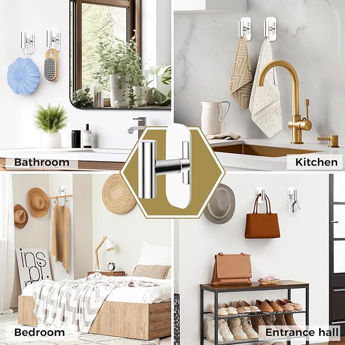 Adhesive Towel Hooks for Shower,Waterproof Heavy Duty Bathroom Hooks,Wall Mounted Sticky Hangers for Coats/Aprons/Robes,No Drilling(Chrome,2 Pack)