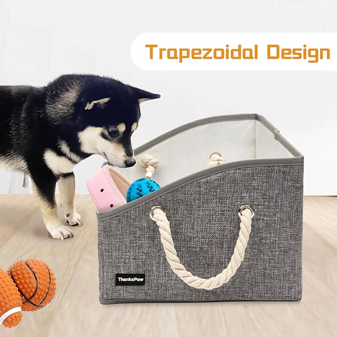 Collapsible Fabric Dog Toy Box and Storage Bin With Handle - Trapezoid Basket Chest Organizer for Pet Toys, Blankets and Accessories