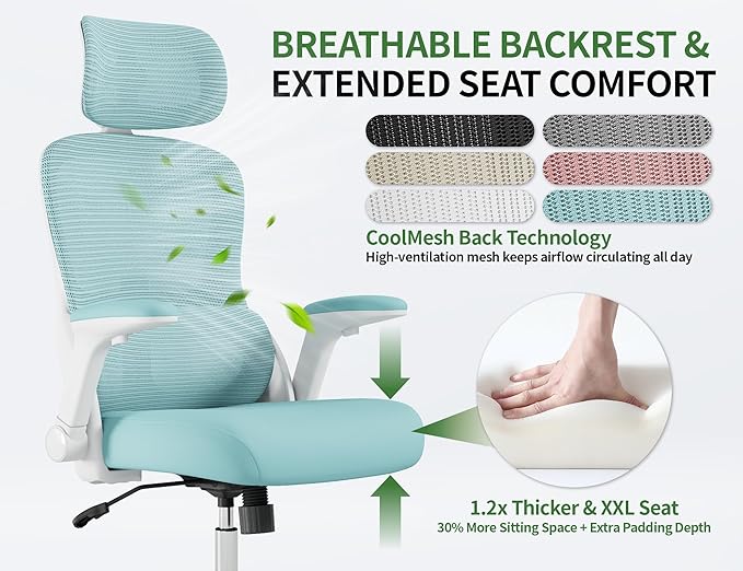 Office Chair - Ergonomic Office Chair with Back Support, Ergonomic Computer Chair - Home Office Desk Chairs, 400lbs Wide Seat Big and Tall Office Chairs with Headrest, Comfy Desk Chairs(Blue)