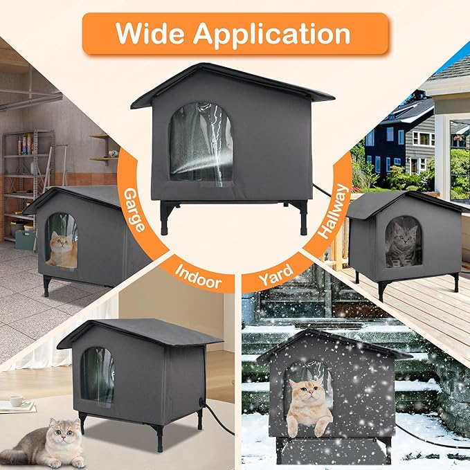 Heated Cat House for Outside/Indoor Cats in Winter,Elevated Outdoor Cat House with Heating Pad Bed,Weatherproof Feral Cats Shelter with Soft Mat (Heat Gray)