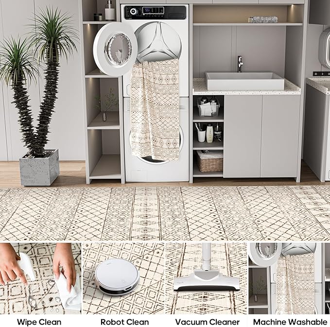 Washable 4x12 Runner Rug Hallway: Moroccan Non Slip Extra Long Rugs - Pets Friendly Runners Low Pile Soft Carpet for Kitchen Bedroom Entryway Laundry 4x12 Geo Beige
