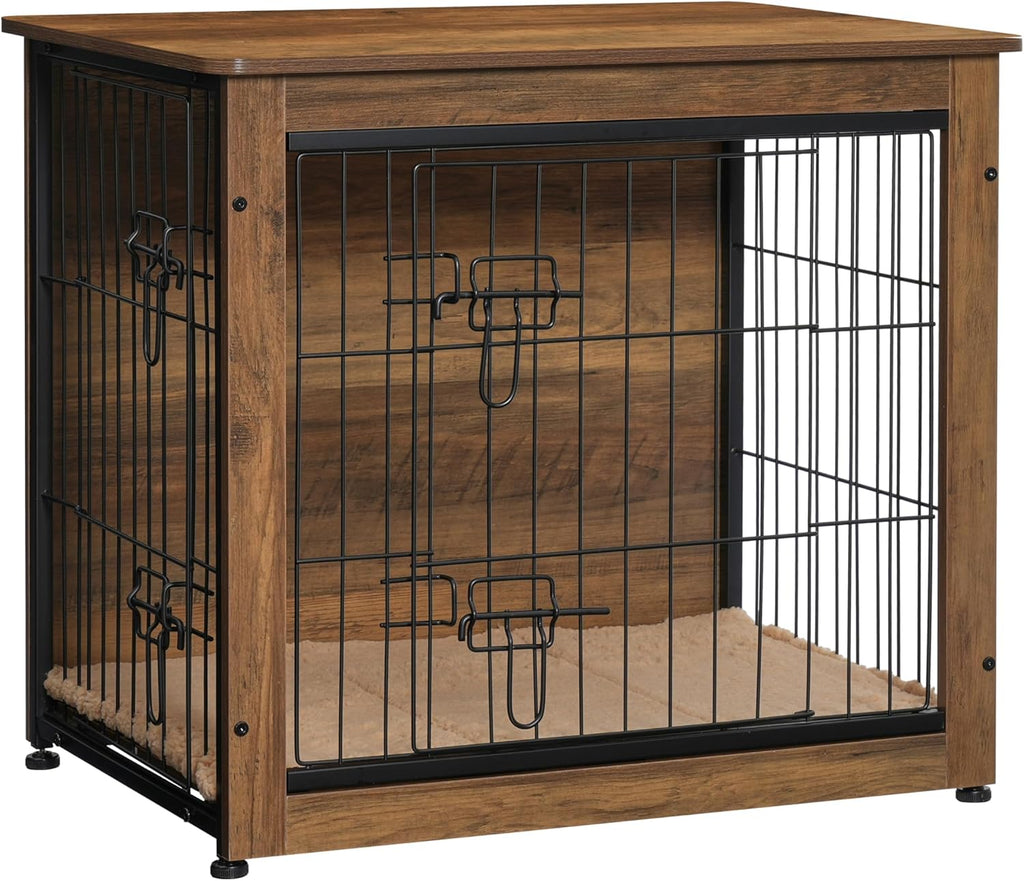 DWANTON Dog Crate Furniture with Cushion, Wooden Kennel Table with Double Doors, Indoor Dog House, Small/Medium/Large Size, 27.2" L, Warm Brown