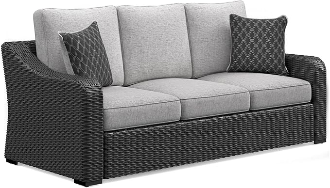 Signature Design by Ashley Beachcroft Casual Nuvella Weather Resistant Fabric Outdoor/Indoor Sofa with Cushion and 2 Toss Pillows, Black & Light Gray