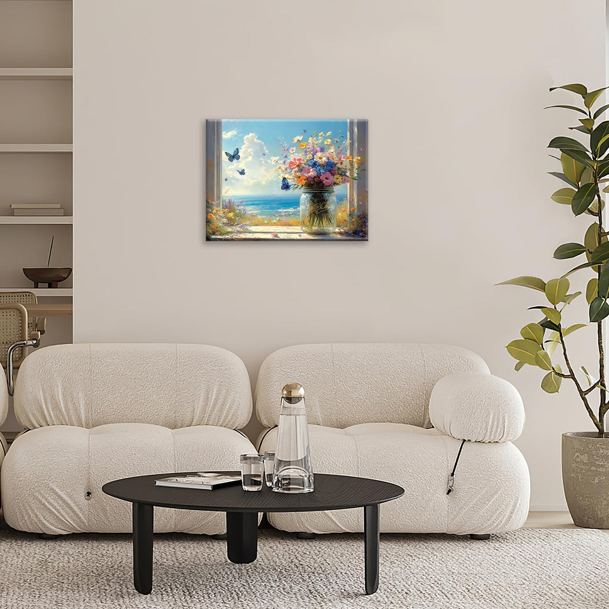Beach Floral Bathroom Pictures Wall Art, Colorful Flower Bathroom Wall Decor, Coastal Ocean Framed Painting Canvas Artwork for Bedroom Living Room Decorations 20"L x 16"W