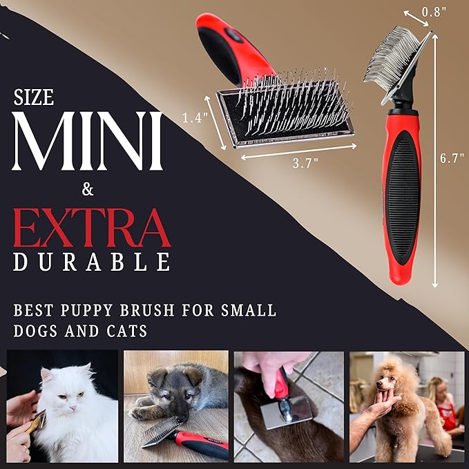 Mini Brush for Dogs and Cats - Coated Tips Massage Skin - Long Pins Remove Mats, Tangles in Long and Poodle Fur