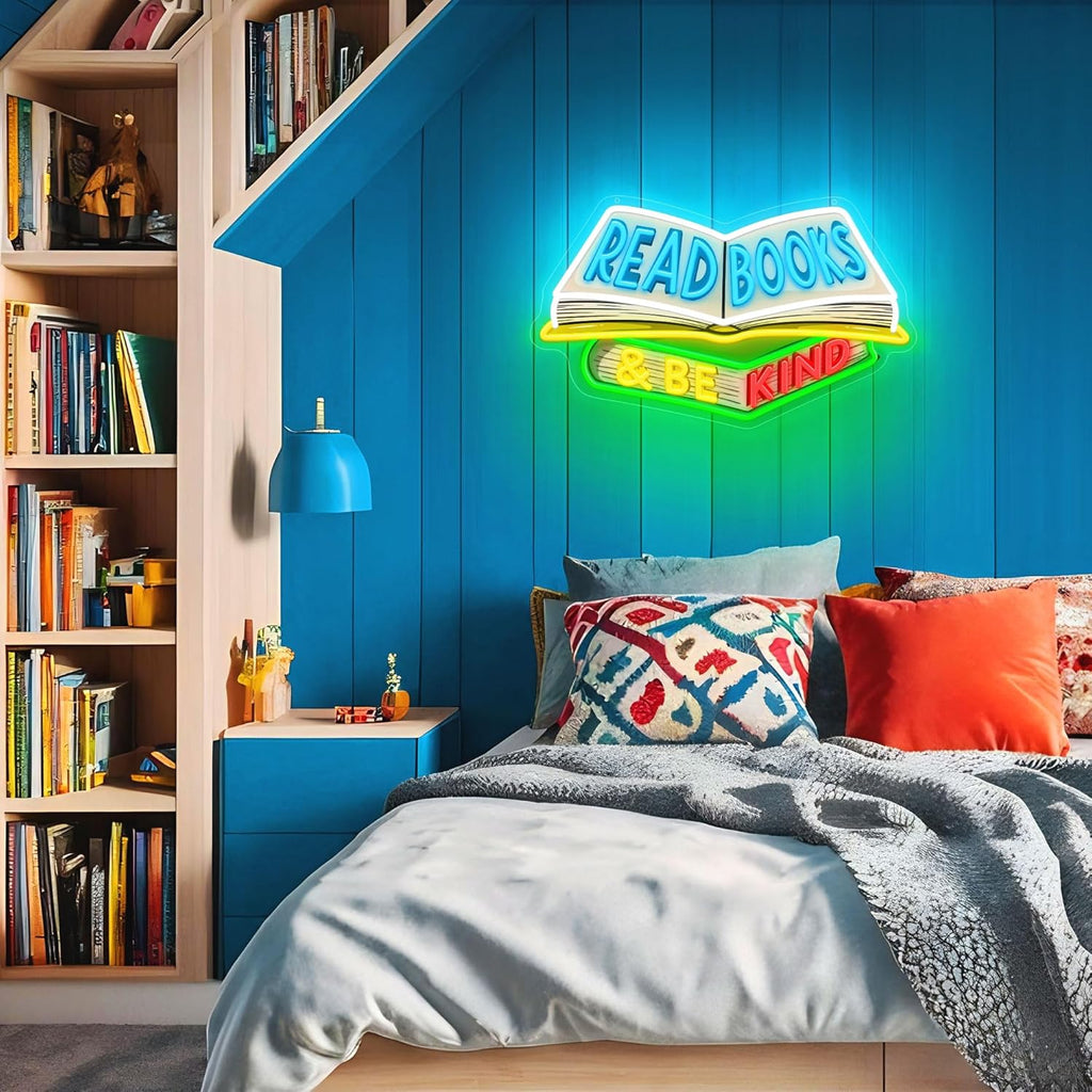 SELICOR Read Books & Be Kind Neon Signs for Wall Decor-Teacher Appreciation Gift,Adjustable LED Book Neon Light Up Sign for Reading Room Study Room Classroom Bookstore Library Museum Cafe Bedroom