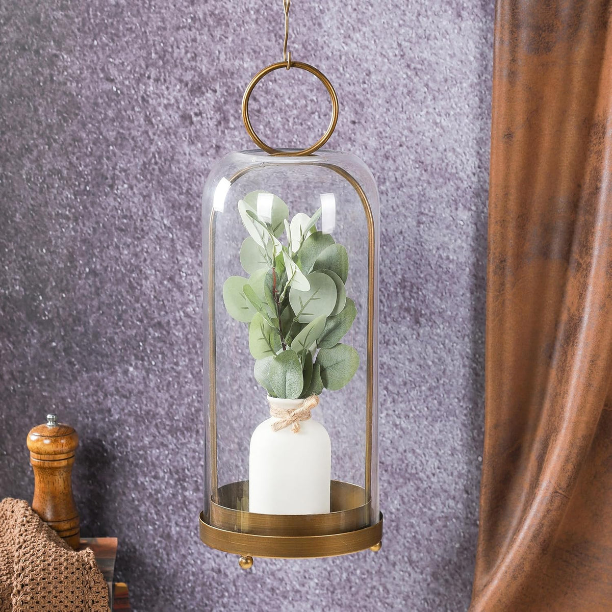 20" High Versatile Modern Metal Hurricane Lantern with Handmade Sturdy Glass Dome for Pillar Candle & Plants (Brass, 7.5"x20")