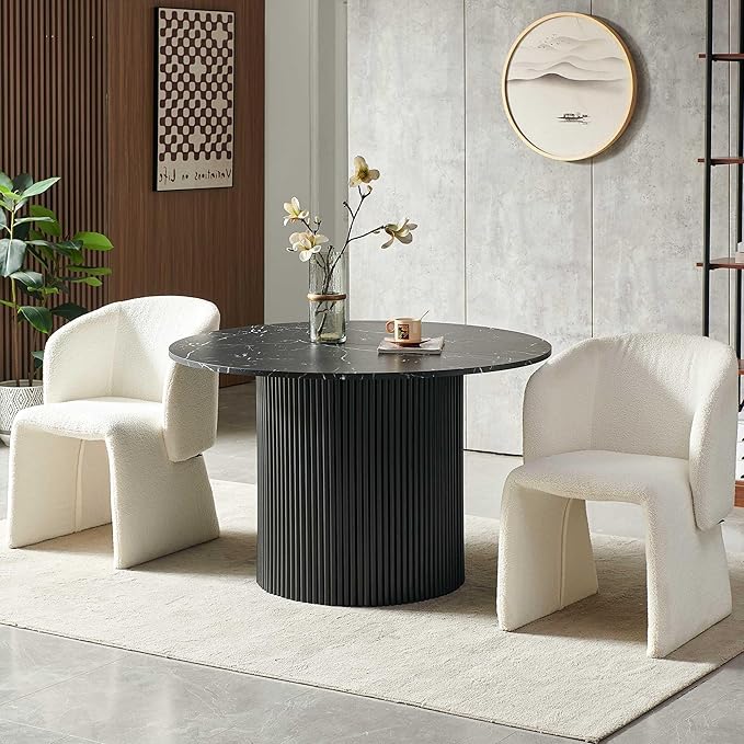 47" Round Dining Table for 4, Modern Farmhouse Marble-Look Foiled Top with MDF Striped Base, Kitchen & Dining Room Tables - Black